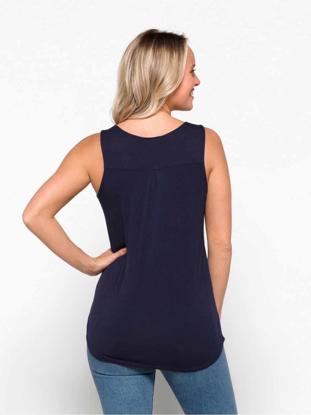 Sleeveless Blouse Navy Zip-Front Tank Top Mixed Material - Picture 5 of 7